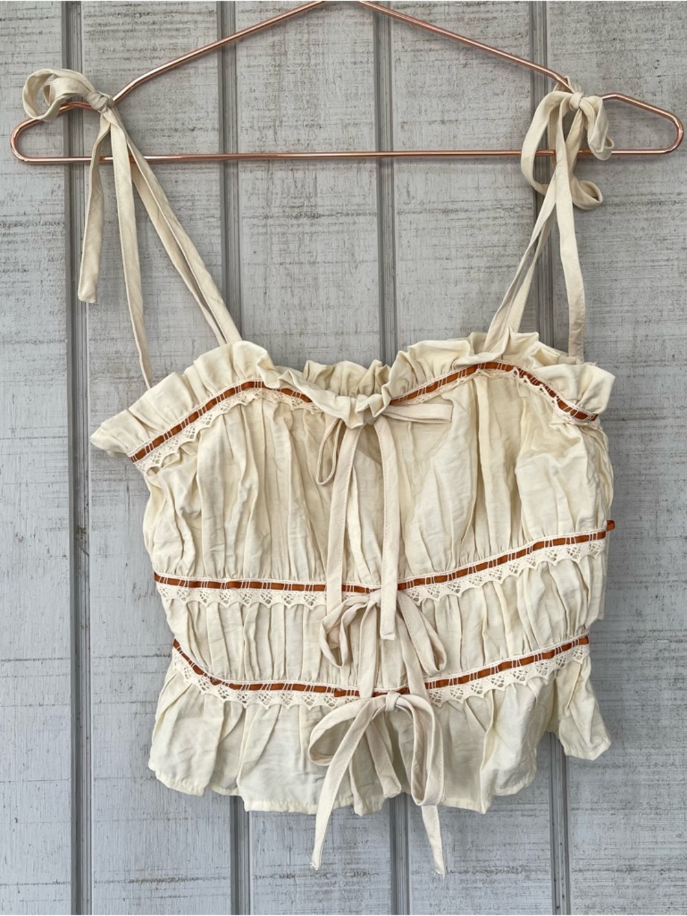 Thirty/Thirty Boho Ruffle Crop Tank Beige Lace Tie Straps Cottagecore XS